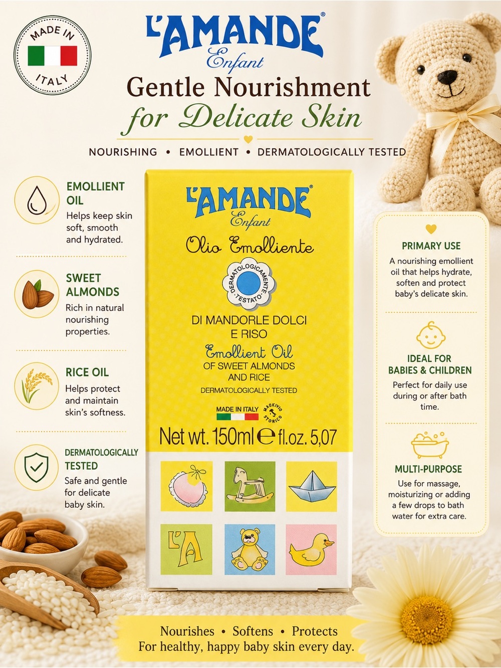 L’AMANDE Enfant Emollient Oil 150ml Sweet Almond & Rice Oil